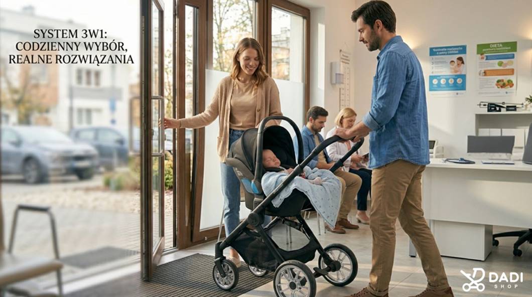 Wózek 3w1 z fotelikiem na stelażu –wygoda podczas wizyty u pediatry, śpiące niemowlę bez budzenia.